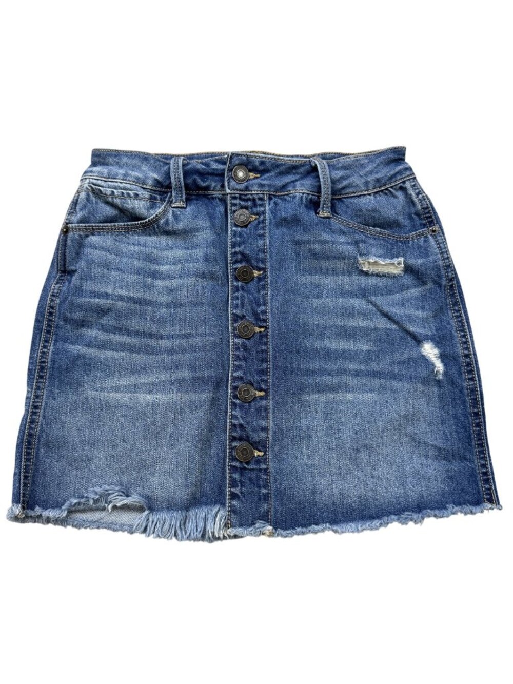 Mudd Denim Skirt Womens Size 1 Blue Distressed Button Front FLX Stretch Raw Hem